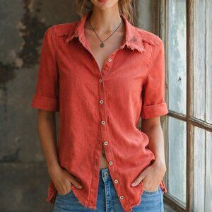 Linen blend burnt orange stylish shirt, raw edges and embroidery on collar